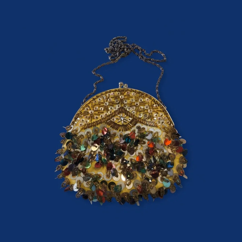 Vintage Beaded Sequin Evening Bag Gold Fringe Kiss Lock Boho Glam - Picture 4 of 10